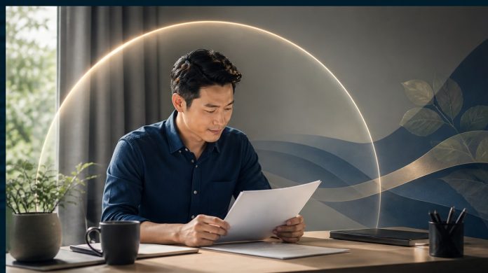 Bảo hiểm — hình minh họa 02-featured Ảnh đại diện: Một người đang tập trung đọc tài liệu trong không gian làm việc hiện đại tràn ngập ánh sáng tự nhiên, tượng trưng cho sự minh bạch và chủ động trong bảo hiểm.