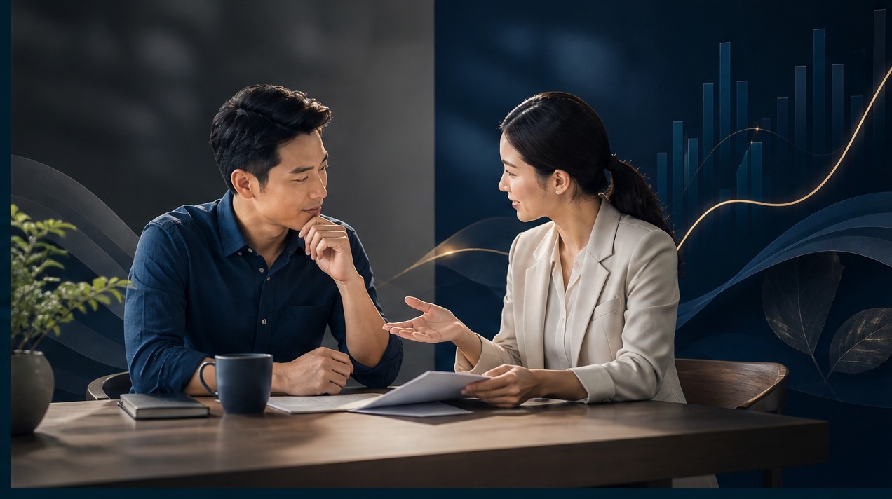 Ảnh minh họa 2: Cuộc thảo luận chuyên nghiệp giữa hai người bên bàn kính trong văn phòng hiện đại, thể hiện sự tin cậy và trao đổi thông tin rõ ràng.
