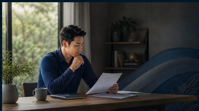 Một người đang suy tư bên cửa sổ nhìn ra thành phố hiện đại, tượng trưng cho sự cân nhắc kỹ lưỡng trước quyết định hủy hợp đồng bảo hiểm.