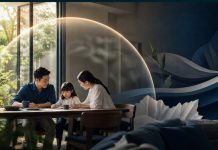 Ảnh đại diện: Gia đình Việt Nam hiện đại quây quần hạnh phúc trong phòng khách ngập tràn ánh sáng, xung quanh là các họa tiết dữ liệu 3D tinh tế biểu trưng cho sự bảo vệ sức khỏe toàn diện.