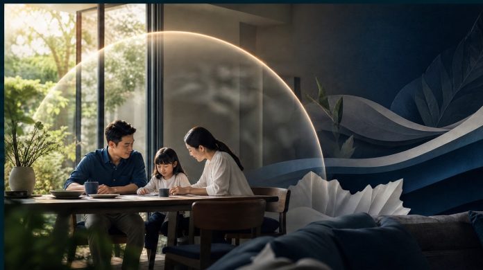 Bảo hiểm — hình minh họa 06-featured Ảnh đại diện: Gia đình Việt Nam hiện đại quây quần hạnh phúc trong phòng khách ngập tràn ánh sáng, xung quanh là các họa tiết dữ liệu 3D tinh tế biểu trưng cho sự bảo vệ sức khỏe toàn diện.