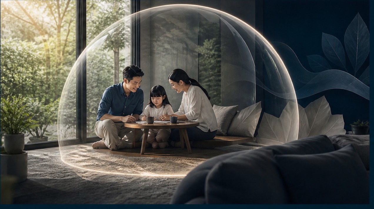 Một gia đình tận hưởng sự an tâm dưới lớp lưới bảo vệ ẩn dụ màu xanh teal, tượng trưng cho quyền lợi bảo hiểm được bảo đảm.
