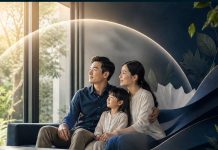 Không gian phòng khách hiện đại tại Việt Nam lúc bình minh với biểu tượng đồng hồ cát 3D tinh tế trên bàn, tượng trưng cho sự an tâm và kiên nhẫn trong thời gian chờ bảo hiểm.