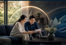 Hình ảnh phong cách tạp chí cao cấp về một người đang thư giãn trong phòng khách hiện đại tại Việt Nam, hướng tầm mắt ra khu vườn xanh mát, tượng trưng cho sự an tâm tài chính.