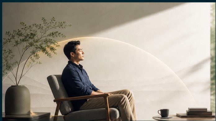 Bảo hiểm — hình minh họa 10-featured Ảnh đại diện: Một người phụ nữ đang thư giãn bên ban công căn hộ hiện đại tại Việt Nam trong ánh bình minh, bao quanh là các dải sáng teal trừu tượng tượng trưng cho sự bảo vệ sức khỏe tinh thần.
