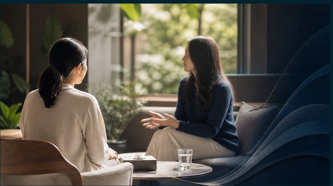 Hình minh họa 1: Cận cảnh bàn tay tương tác với thiết bị công nghệ hiển thị các luồng dữ liệu 3D hình sóng não màu xanh teal và hổ phách, thể hiện xu hướng công nghệ trong chăm sóc tâm trí.