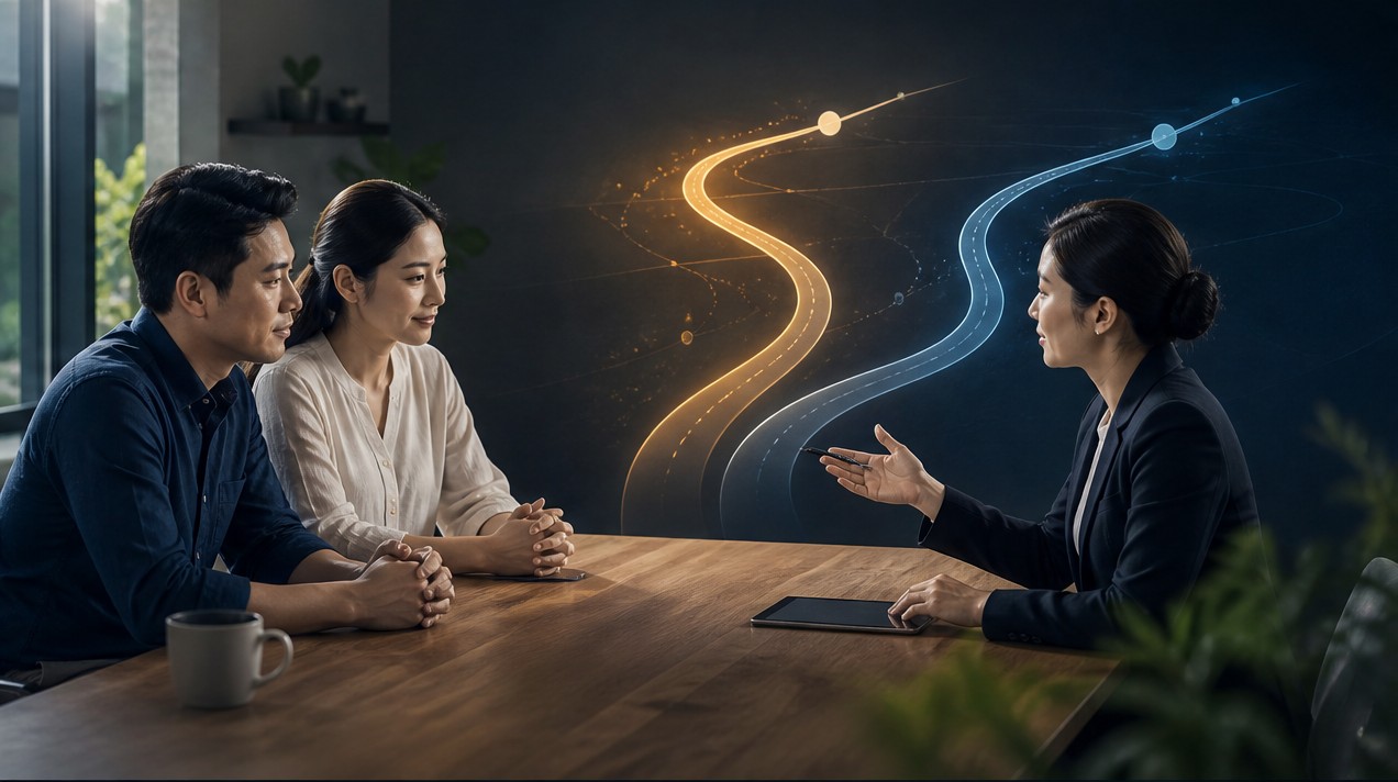 Kiến trúc hiện đại hình vòm che chở với tông màu gỗ ấm áp và xanh thẫm, ẩn dụ cho sự an toàn và bảo vệ trong gói bảo hiểm liên kết đầu tư.