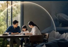 Ảnh đại diện 16:9 thể hiện cặp vợ chồng trẻ Việt Nam trong phòng khách hiện đại, hướng nhìn ra cửa sổ tràn ngập ánh sáng với họa tiết lá chắn bảo vệ 3D tinh tế bao quanh.