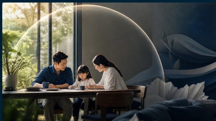 Ảnh đại diện 16:9 thể hiện cặp vợ chồng trẻ Việt Nam trong phòng khách hiện đại, hướng nhìn ra cửa sổ tràn ngập ánh sáng với họa tiết lá chắn bảo vệ 3D tinh tế bao quanh.