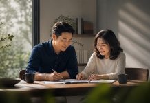 Cặp đôi trung niên Việt Nam đi dạo trong vườn bách thảo hiện đại lúc bình minh, thể hiện sự an tâm và tầm nhìn về một tương lai hưu trí vững chắc.