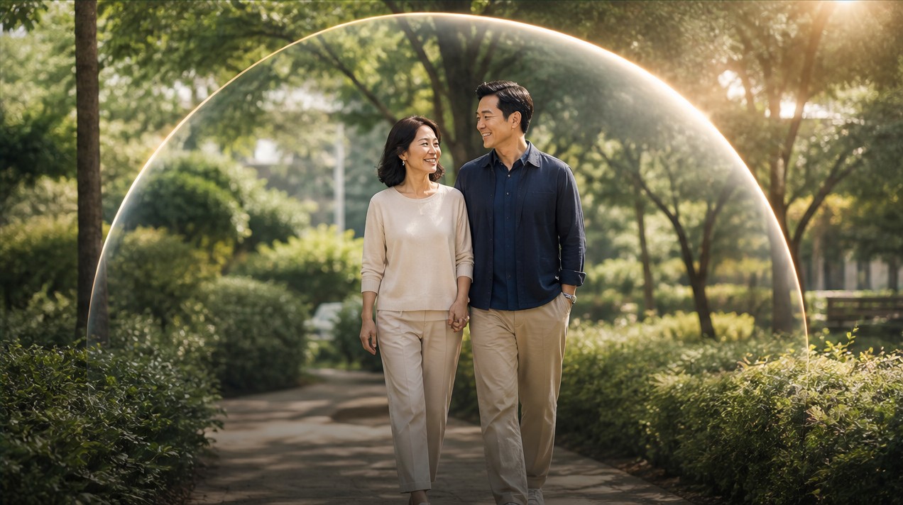 Cặp đôi trung niên thư giãn trên ban công nhìn ra thành phố, biểu trưng cho sự cân bằng giữa bảo vệ sức khỏe và an tâm tài chính.