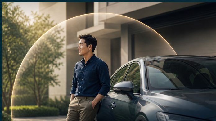 bảo hiểm bắt buộc xe ô tô Hình ảnh đại diện xe ô tô hiện đại di chuyển trong khu đô thị mới tại Việt Nam dưới lớp màng bảo vệ kỹ thuật số mờ ảo, tượng trưng cho sự an tâm.