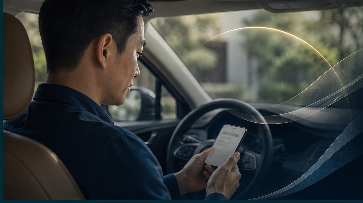 Chìa khóa xe đặt trên mặt kính với hiệu ứng lưới dữ liệu an toàn, gợi ý về hạn mức trách nhiệm và sự đảm bảo tài chính.