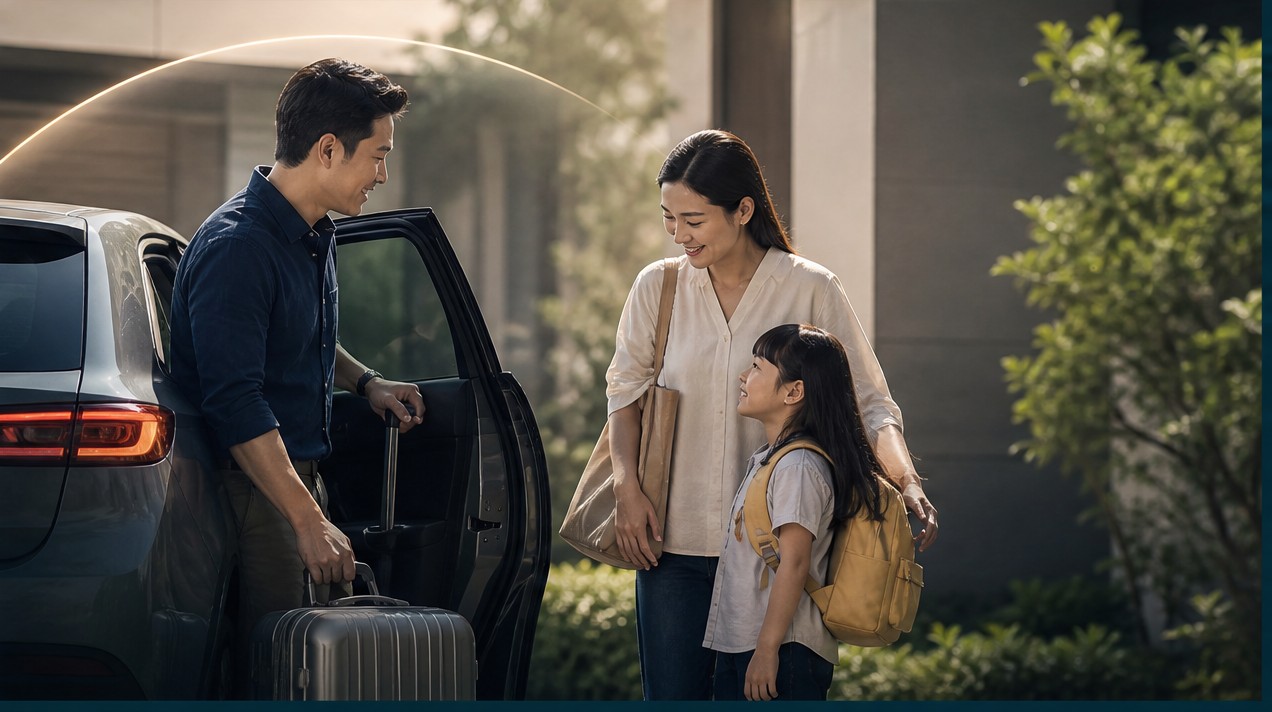 Người lái xe Việt Nam hiện đại với phong thái tự tin và chủ động, phản chiếu hình ảnh danh mục kiểm tra an toàn kỹ thuật số.