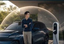Bảo hiểm xe điện: Chủ xe cần lưu ý gì về pin, sạc và phạm vi bảo vệ? Hình ảnh minh họa phong cách biên tập cao cấp về một chiếc xe điện hiện đại đỗ trong bối cảnh đô thị Việt Nam sang trọng, với lớp phủ kỹ thuật số 3D bảo vệ màu xanh teal và navy, tạo cảm giác an tâm và hiện đại.