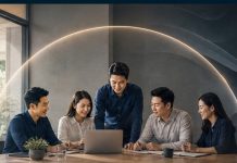 Bảo hiểm nhân thọ nhóm: Khi nào doanh nghiệp nên triển khai? Hình ảnh đội ngũ nhân viên văn phòng Việt Nam chuyên nghiệp trong không gian sảnh hiện đại với mạng lưới bảo vệ trừu tượng, thể hiện sự đoàn kết của bảo hiểm nhân thọ nhóm.
