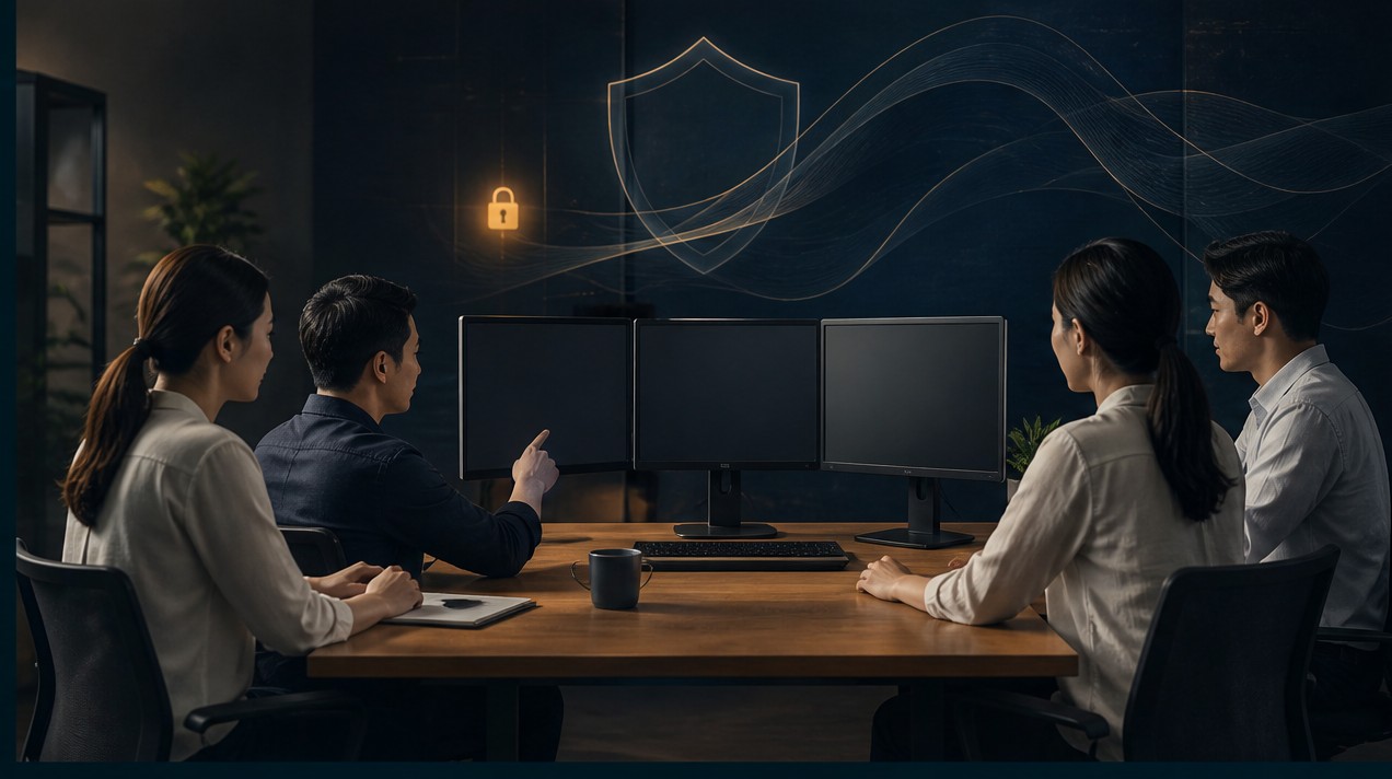 Hình ảnh phản chiếu tòa nhà văn phòng hiện đại kết hợp lưới bảo mật kỹ thuật số tượng trưng cho sự an toàn dữ liệu