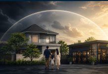 Bảo hiểm trước rủi ro khí hậu: Gia đình và doanh nghiệp nên chuẩn bị từ đâu? Hình ảnh thành phố Việt Nam hiện đại dưới lớp lưới dữ liệu bảo vệ, tượng trưng cho sự an toàn trước rủi ro khí hậu.