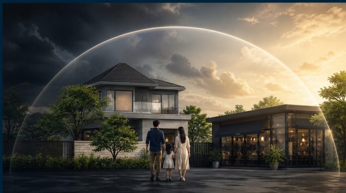 Bảo hiểm — hình minh họa 30-featured Hình ảnh thành phố Việt Nam hiện đại dưới lớp lưới dữ liệu bảo vệ, tượng trưng cho sự an toàn trước rủi ro khí hậu.