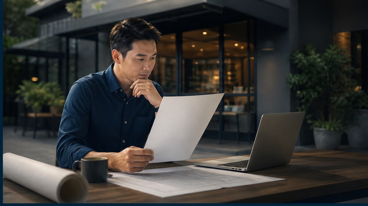 Nhà quản lý doanh nghiệp quan sát khu công nghiệp bền vững qua cửa kính hiển thị dữ liệu dự báo thời tiết.